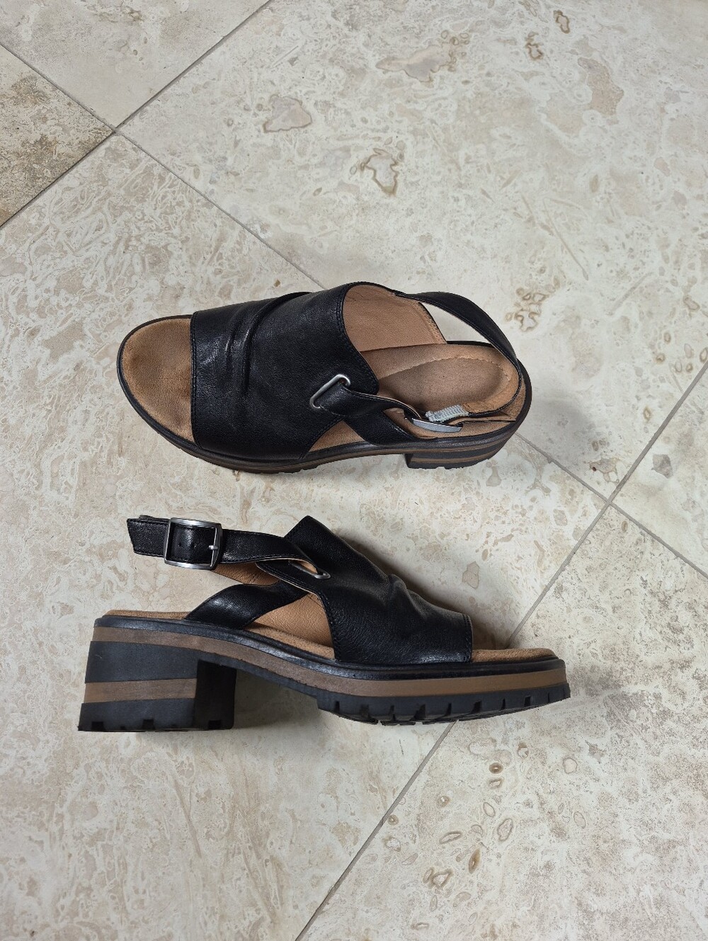 Salvia "Hope" Black Leather Slingback Sandals, Lug Soles, VERY GENTLY PRE-WORN